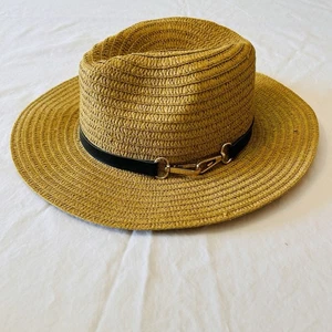 Aldo Womens Beach Hat Sz M/L Wide Brim Sun Natural Paper Panama Fedora W/buckle - Picture 1 of 10