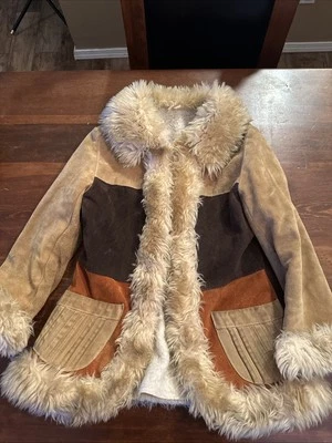 Vintage Suede Leather Jacket Womens. Tri Color. Fur Lined. Size 9? - Image 1 of 4