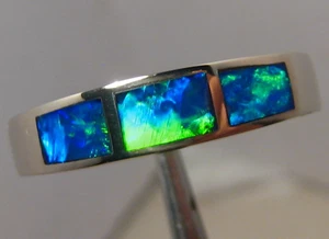 Brilliant  Australian Opal  Ring , Solid 14 k white gold ,    size 11 - Picture 1 of 13