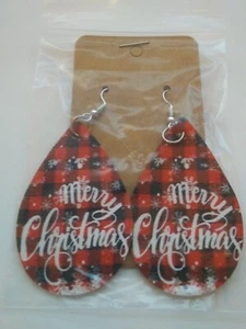 WEIHNACHTEN KARIERT FROHE WEIHNACHTEN PU LEDER DOPPELSEITIG FISCHHAKEN STIL OHRRINGE - Bild 1 von 2