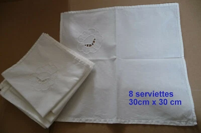 8  serviettes COTON blanc  brodé main  décor fleur couleur blanc - Photo 1/2