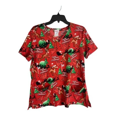 Camisa Médica Rudolph Mujer Talla Mediana Roja Reno Navidad Manga Corta Foto 1 de 4