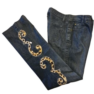 Vtg Leggiadro Bootcut Jeans Womens 8 Blue Leopard Embellished Tab Front Trouser - Picture 1 of 11