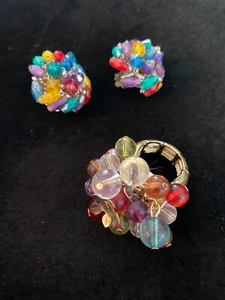 Earrings & Ring VTG Colorful Jubilee Beads Clip Adjustable Statement Costume - Picture 1 of 10