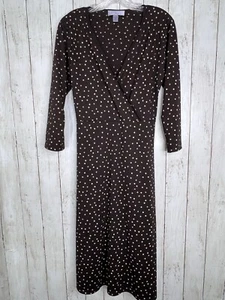 Nine and Co. by Nine West Dress Brown Dot Bodice Faux Wrap Dress Large Midi - Picture 1 of 10