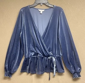 LC Lauren Conrad Peplum Velvet Faux Wrap Blouse M Elastic Waist Balloon Sleeve - Picture 1 of 16