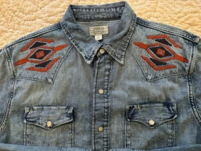 Ralph Lauren Polo Denim Patchwork Aztec Sportsman Embroidered Western Shirt 2XL - Image 1 of 4