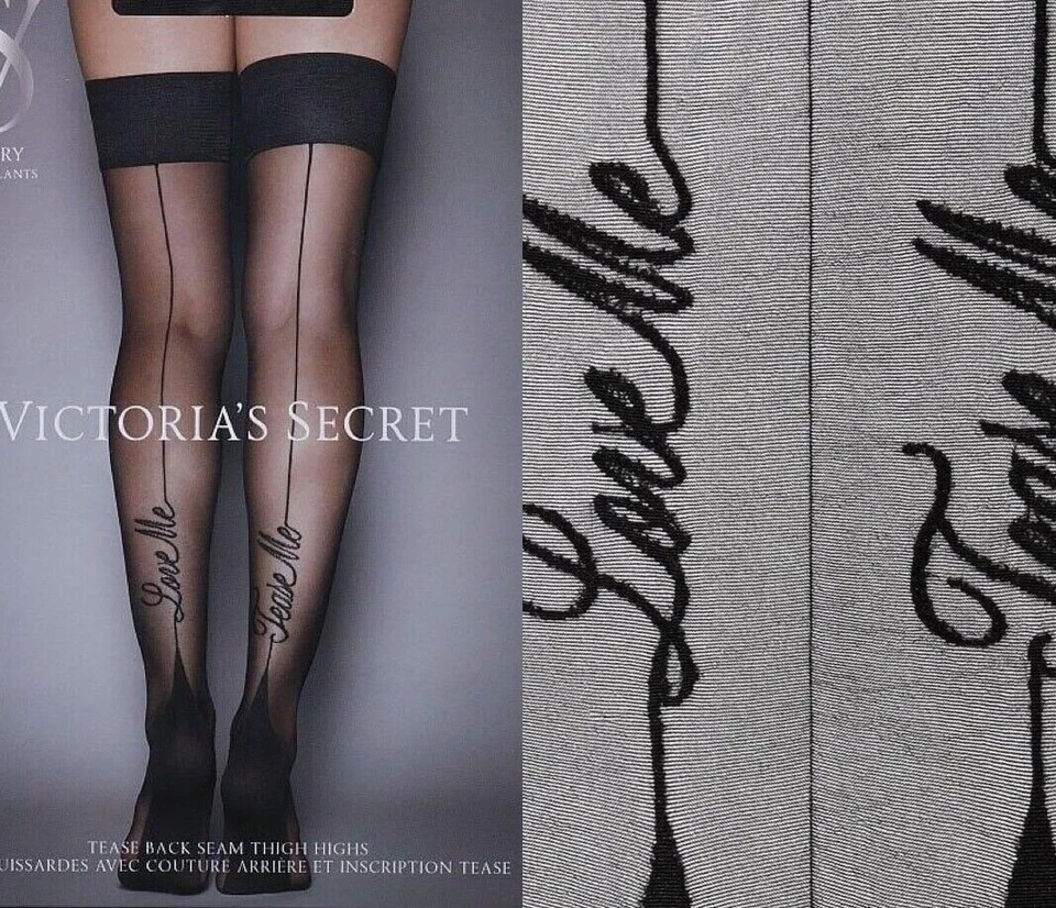 Victoria's Secret Stockings Lace Top Thigh Highs Pantyhose Black "Love Me" M - Image 1 of 1