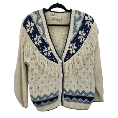 Suéter Cárdigan Occidental Vintage Años 80 M Azul Crema Flecos Tejido a Mano Abotonado Foto 1 de 4