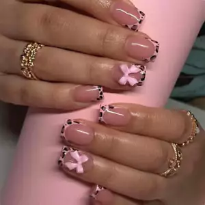 pink-french-style-fake-nails-3d-bowknot-designs-short-square-press-on-nails-swee - Picture 1 of 26