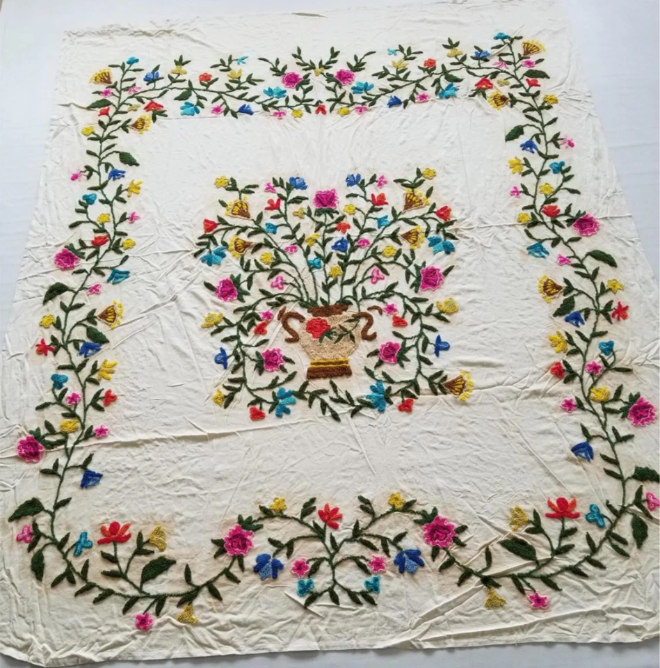 Vintage Kashmiri Crewel Work Hand Embroidered Tree Of Life Bedspread 242x186cm - Image 1 of 4