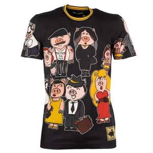 DOLCE & GABBANA Pigs Printed Cotton T-Shirt with Logo Sticker Black 11068 - Picture 1 of 5