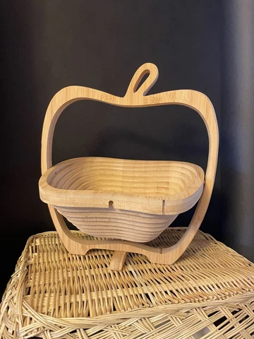 Apple Shaped Folding Collapsible Wooden Basket Fruit Veggie Bowl Decor 11.5” Cover