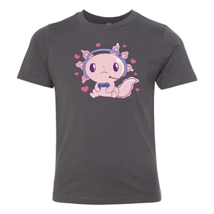 Cute Pink Axolotl Gamer Gaming Funny Graphic Art Kids Youth Unisex Tee - Picture 1 of 8