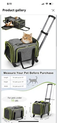 Transportador para gatos con ruedas de menos de 18 libras transportador rodante para mascotas aprobado por la aerolínea TSA en EE. UU. Foto 1 de 4