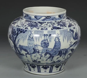 13.2" Rare Old Chinese Yuan Blue White Porcelain Dynasty People Story Tank Jar - Picture 1 of 9
