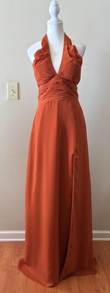 Maxi Vestido Halter Naranja Quemado Satén Formal Vestido Dama de honor Noche Boda Tajes Foto 1 de 1