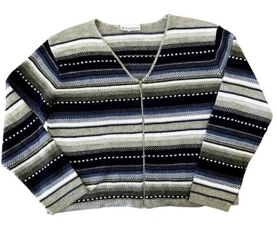 Vtg 90s Women’s Striped Cardigan Zip Sz L Blue Green Knit Grunge Boho Y2K Preppy - Image 1 of 4