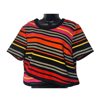 Striped Colorful Short Sleeve Top, Bold Pattern, Funky Retro Casual Foto 1 de 4