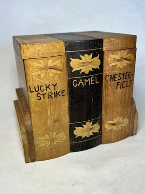 Caja de almacenamiento vintage de madera tallada a mano paquete de 3 cigarrillos Chesterfield Camel Lucky Foto 1 de 4