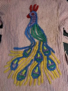 Vintage Chenille Childs Robe Size 2 Pink Peacock 1950s 1060s Boho Cotton Terry - Picture 1 of 19