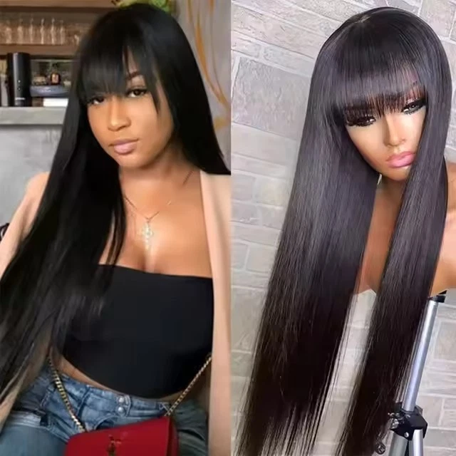 Straight Human Hair Wig with Bangs Brazilian Virgin None Lace Front Wig Glueless - Image 1 of 4