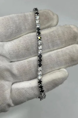 10CT Black & White Lab Created Tennis Bracelet Unisex 14K White Gold Plated 8" - Image 1 of 4