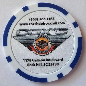 COX'S HARLEY-DAVIDSON Rock Hill SC UNIQUE FC White/Blue Poker Chip RENAMED - Picture 1 of 1
