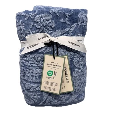 2 pc William Morris STRAWBERRY THIEF Floral Hand Towel Set Blue Velour NEW - Image 1 of 4