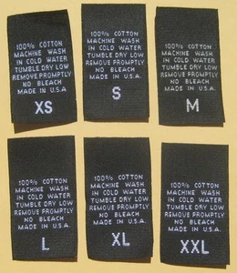 100 pcs BLACK WOVEN CLOTHING CARE LABEL SIZE TAG- 100% COTTON - XS S M L XL XXL - Picture 1 of 1