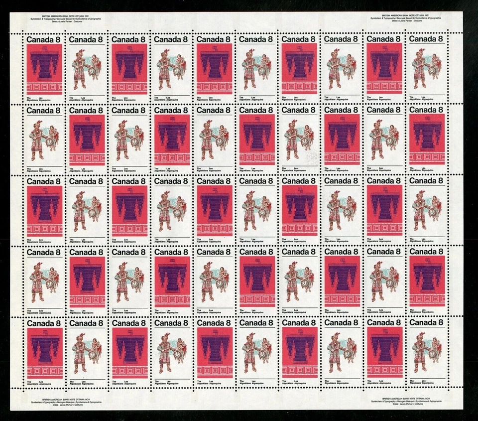 Canada Stamps — Full Pane of 50 — 1973, Algonkian Indians #568-569 — MNH - Image 1 of 1