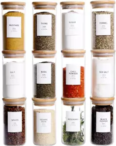12 Pcs Glass Spice Jars with Bamboo Airtight Lids 8Oz Thicken(2.4Mm) Spice Conta - Picture 1 of 8
