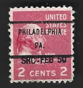 Scott#806 2c John Adams - precancel PHILADELPHIA PA. SRC- FEB 50 - (A-10) perfs - Picture 1 of 2