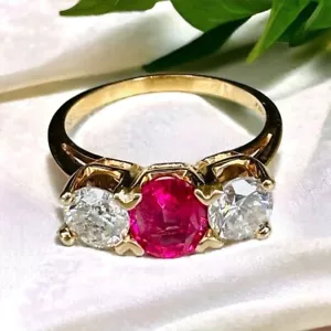 Vintage 14k CREATED Ruby and 1ct Diamond Three Stone Ring Yellow Gold SILVER - Picture 1 of 8