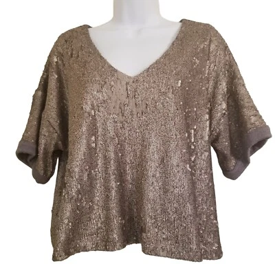 Deletta SP Boxy Oversized Cropped Sequined V Neck Top Gold Knit Anthropologie - Image 1 of 4