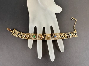 VTG Goldette Signed Victorian Revival Faux Stones Filigree Panels Bracelet 7.5'' - Picture 1 of 10