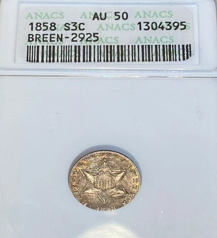1858 3cs three cent silver, old holder ANACS AU50 great strike and tone! Luster! Cover