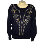Vintage Sweater Womens Medium Black Gold Weave 80s 90s Jewel Embellished Floral