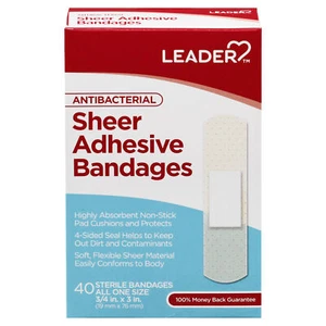 Leader Sterile Sheer Adhesive Bandages First Aid Wound Care 3/4" x 3" 40 Count - Picture 1 of 7