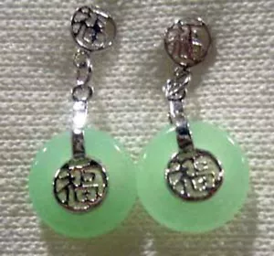 Genuine Natural Light Green Jade 18KGP Fortune Happiness Stud Dangle Earrings - Picture 1 of 3