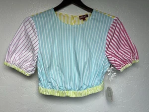 nwt STAUD Athena Cotton Poplin Puff Sleeve Crop Top Shirt Sz S Colorful Stripes - Picture 1 of 9
