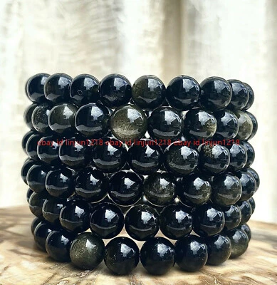 "Lote al por mayor de 6 piezas de pulsera elástica de obsidiana negra con brillo dorado de 8 mm 7,5""" Foto 1 de 4