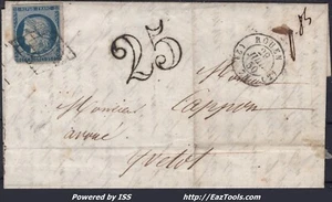 FRANCE N°4 SUR LETTRE GRILLE + CAD TYPE 15 ROUEN DU 29/07/1850 + TAXE 25c - Picture 1 of 2