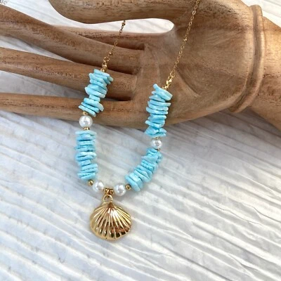 18K Gold Plated Stainless Steel Turquoise Pearl Shell Pendant Necklace - Image 1 of 4