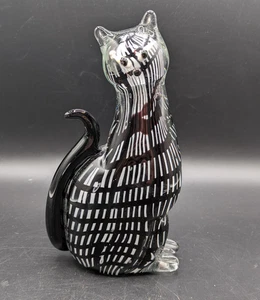 Statuina gatto seduto in vetro soffiato artistico fermacarte strisce bianche e nere 7" - Foto 1 di 7