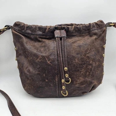 FOSSIL Brown Leather Small Drawstring Studded  Crossbody Purse Bag Boho - Image 1 of 4