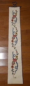 Vintage Tapestry Bell Pull Brass Floral Pink Blue Flower Pattern 48”x 7" Signed - Picture 1 of 11