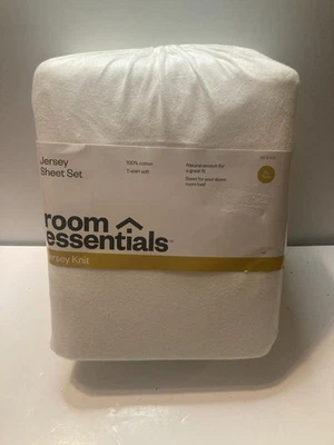 NEW Room Essentials Jersey Sheet Set 100% Cotton T-Shirt Soft White XL Twin - Image 1 of 4