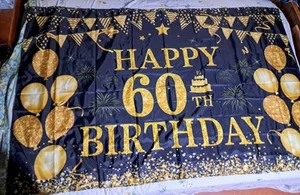 Happy 60. Geburtstag Banner mit Eckösen groß 45”x 71” schwarz und gold - Bild 1 von 1