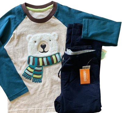 Gymboree Boys 5T Fuzzy Bear Top & Navy Pull On Lined Soft Corduroy Pants Set NWT - Image 1 of 4